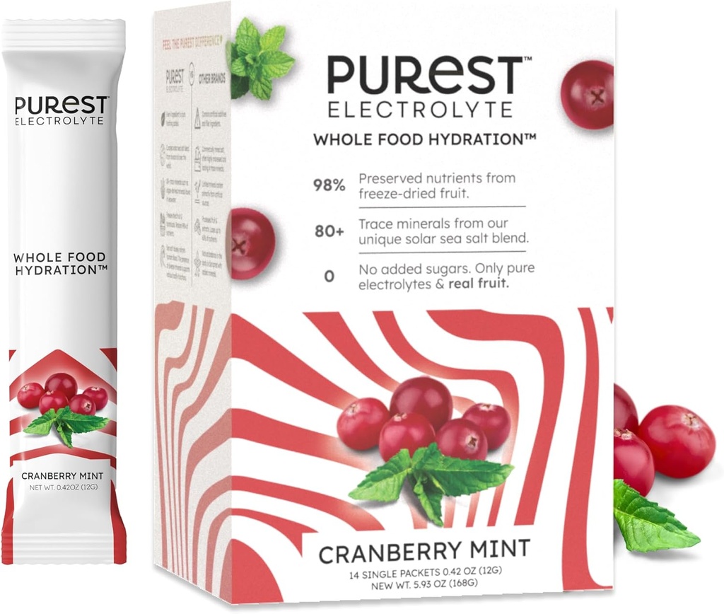 Know Brainer New! Purest Electrolyte Cranberry Mint Powder Packets – Whole Food Hydration - Organic Freeze-Dried Fruits and Solar Sea Salts for Ultimate Electrolyte Balance