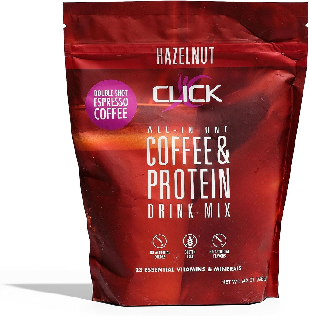 Click Coffee Protein Powder | Double Shot Espresso | 16g Protein | 23 Essential Vitamins | Low Calorie Meal Replacement | 150mg Caffeine | Gluten Free | No Artificial Flavors or Colors | Hazelnut