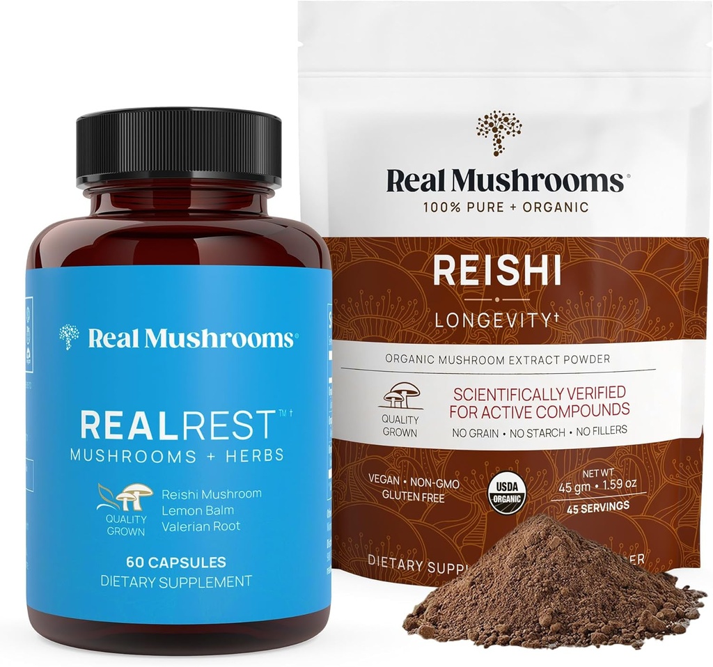 Real Mushrooms RealRest (60ct) Capsules y Reishi Mushroom Powder (45 Servings) Bundle - Mushroom Suplemento para la longevidad, soporte diario de inmuno, sueño mejorado y relajación - Vegan, no GMO