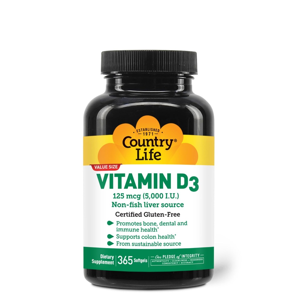 Country Life Vitamin D3 5000 IU – High Potency, Non-Fish Source, Supports Bone Health, Immune Function & Calcium Absorption – 365 Softgels, Certified Gluten-Free, Long-Term Supply