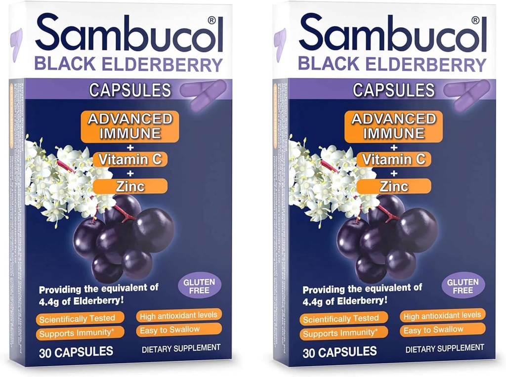 Sambucol Capsules Black Elderberry - Advanced Immune, Vitamin C y Zinc, Elderberry Capsules, Immune Support, Black Elderberry Supplements, Gluten Free, Easy to Swallow Capsules - 30 Conde, 2-Pack