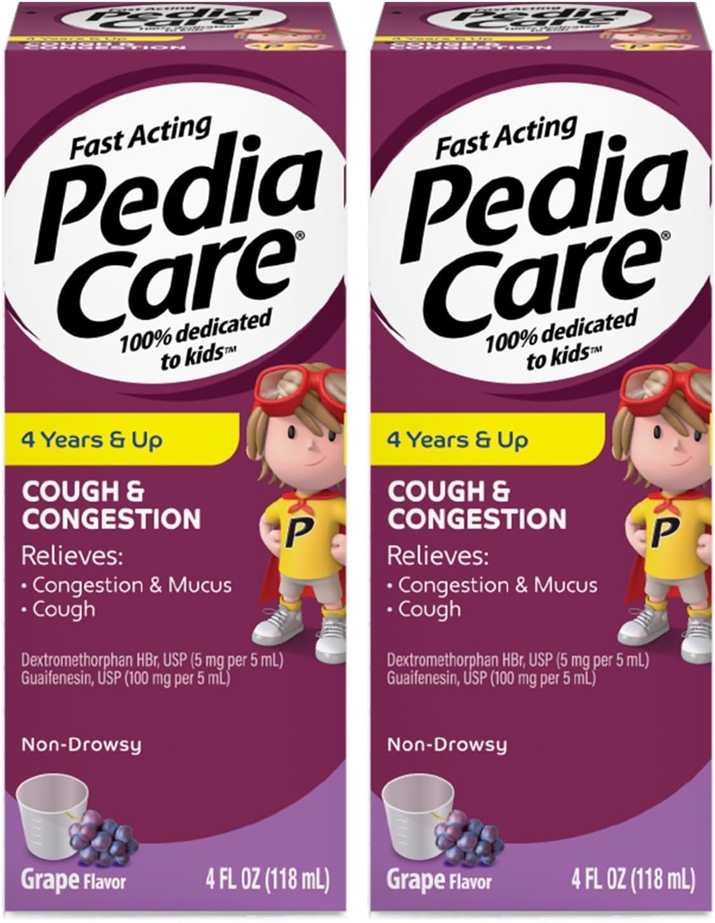 Tos infantil " Congestión Medicina Líquida para Tos, Congestión de tórax y síntomas fríos del moco, No somnoliento, Edades 4+, Sabor de la uva, 4 fl oz (2 Pack)