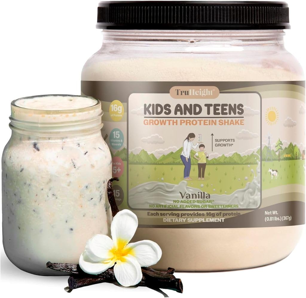 TruHey Crecimiento Protein Shake (Vanilla Ice Cream Flavor, Whey) Crecimiento &amp; Desarrollo Proteína Polvo para Niños &amp; Adolescentes - Bebidas de ganancia de peso - Endorado por Pediatras, Picky Eater Vitamin, Edades 4+