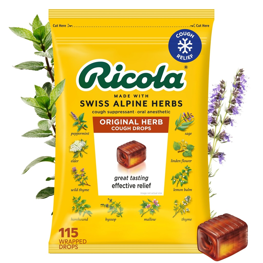 Ricola Original Herb Cough Drops, 115 Conde, Cough Suppressant & Throat Relieving Drops with Naturally Sourced Menthol, Pleasing Herbal Taste for Coughs & Throat Irritation Symptom Relief