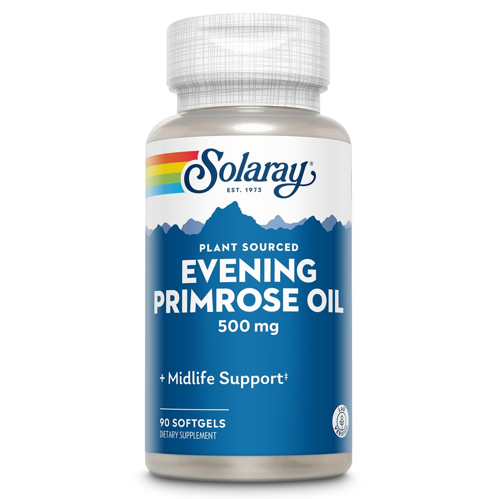 SOLARAY High Potency Evening Primrose Oil 500mg - Midlife Support - Source of Gamma Linolenic Acid and Linoleic Acid - No Solvents, Cold Pressed - 90 Servings, 90 Softgels