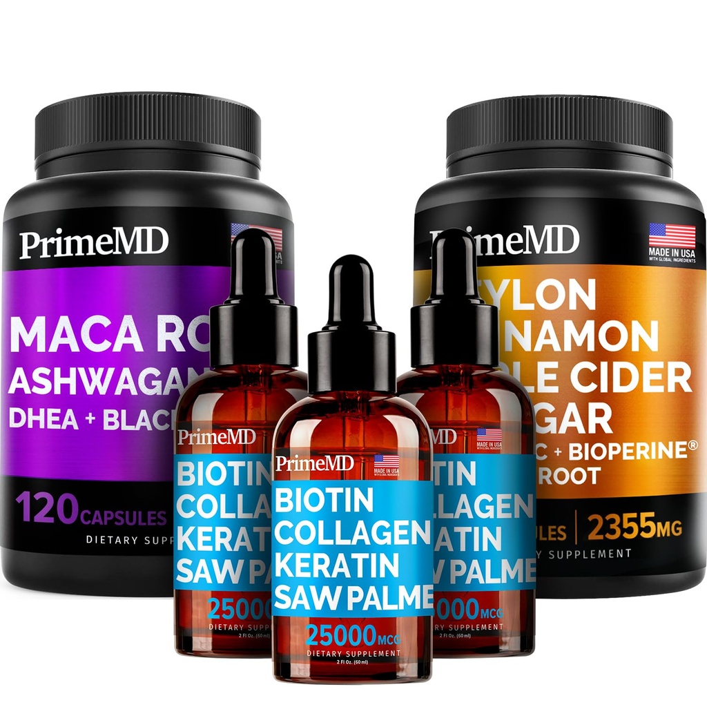 5-in-1 Ceilán Cinnamon (120ct), 4-in-1 Biotin Collagen Keratin Saw Palmetto (2 fl oz - 3 Pack) & 6-in-1 Maca Root Ashwagandha (120ct) Bundle - Energy, Mood, Hair, Skin &amp; Immune Support Supplement