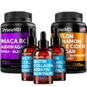 5-in-1 Ceilán Cinnamon (120ct), 4-in-1 Biotin Collagen Keratin Saw Palmetto (2 fl oz - 3 Pack) & 6-in-1 Maca Root Ashwagandha (120ct) Bundle - Energy, Mood, Hair, Skin &amp; Immune Support Supplement