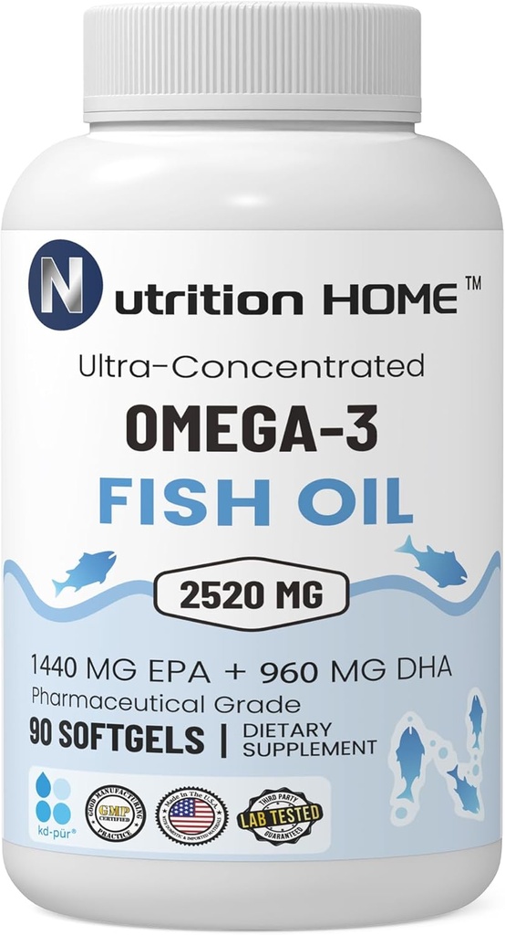 Triple fuerza Omega 3 pescado aceite 3000 mg EPA & DHA, 2520 mg de Omega 3 ácidos grasos 1440 mg EPA + 960mg DHA Mejores ácidos grasos esenciales Premium Burpless Softgel Suplementos (90)