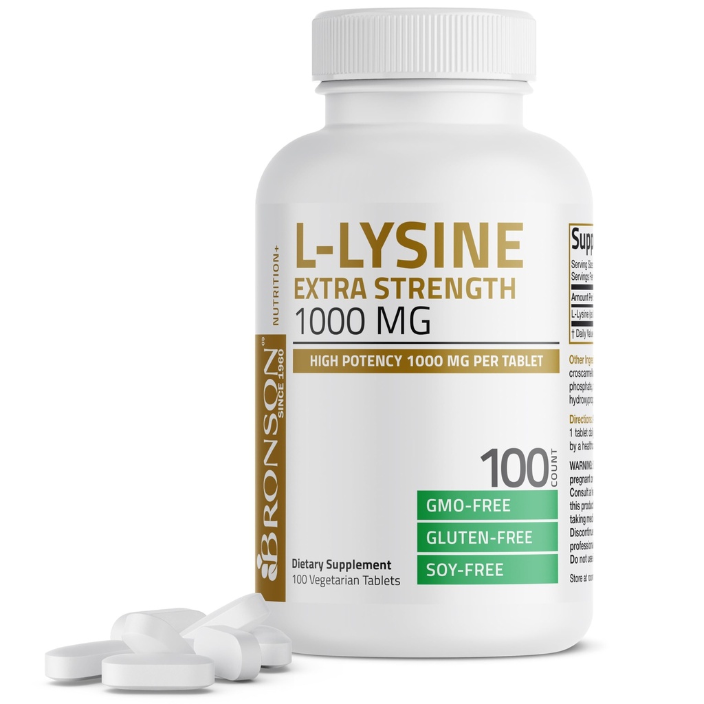 Bronson L-Lysine Extra Strength 1000 MG por Tablet High Potency, Immune Support &amp; Supports Collagen Synthesis, Non-GMO, 100 Vegetarian Tablets