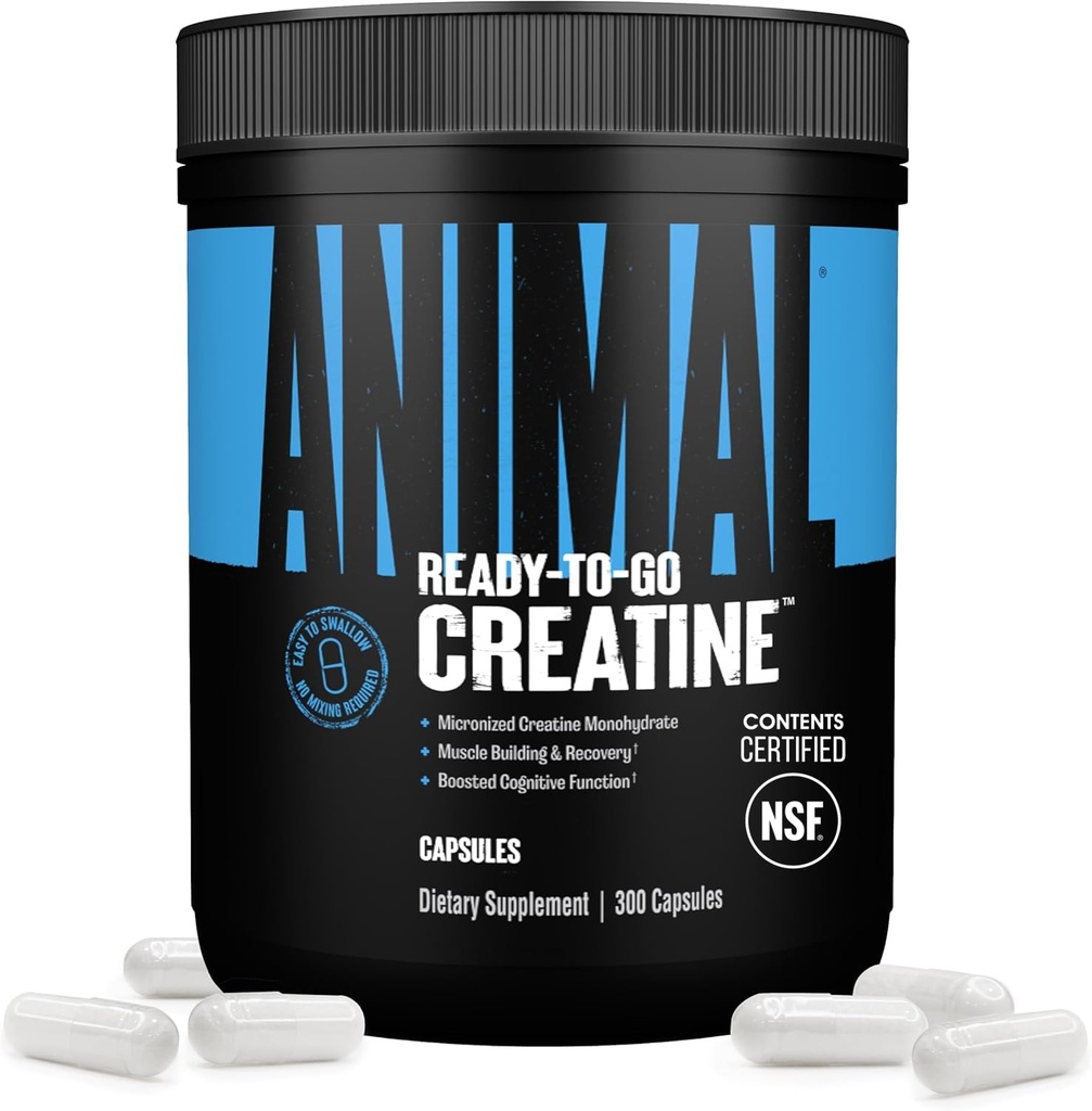 Cápsulas de monohidrato de animales micronizados - 300 Cápsulas, 2500 mg por servicio para apoyar el crecimiento muscular, resistencia, producción ATP, función cognitiva, fuerza, recuperación y fatiga muscular