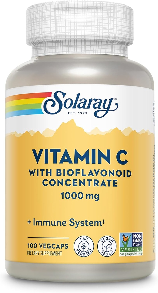 SOLARAY Vitamina C 1000mg con concentrado de bioflavonoides - Vitamina C cápsulas con rosa HIPS y cereza de Acerola - Antioxidante, Salud del Corazón y Apoyo Inmunitario Suplemento, Vegano, No GMO, 100 Servimientos