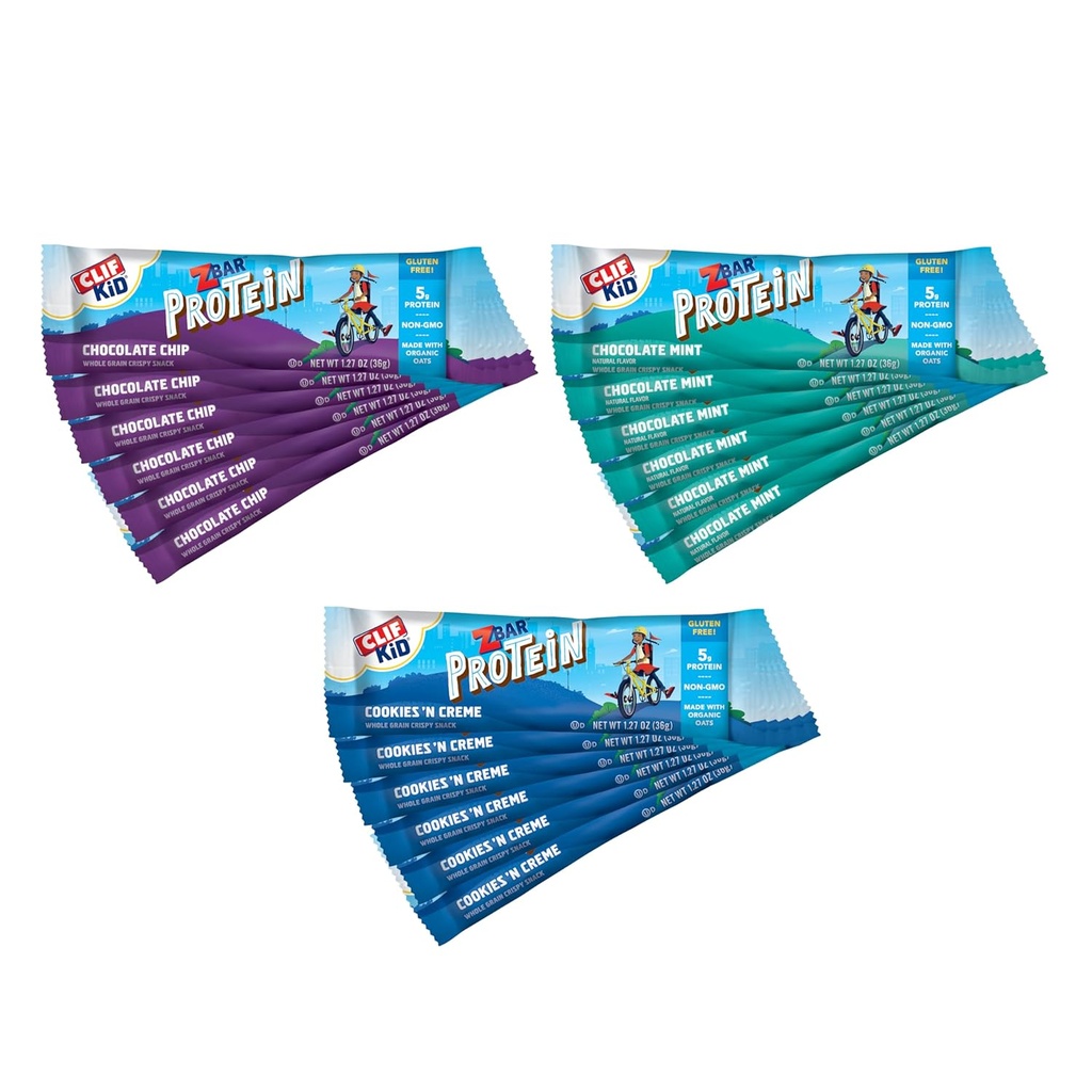 Zbar Protein - Chocolate Chip, Chocolate Mint y Cookies 'n Creme - Variety Pack - Crispy Snack Bares - Hecho con avena orgánica - No GMO - 5g Proteína - Gluten Free Protein Bares (18 Pack)