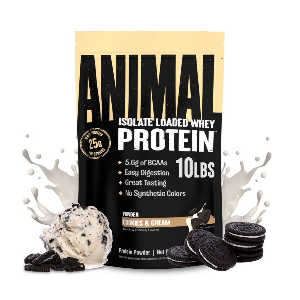 Animal Whey Isolate Protein Powder - Loaded for Pre & Post Workout Muscle Builder and Recovery with Digestive Enzymes for Men & Women - 25g Protein, Great Taste, Low Sugar - Cookies & Cream 10 lbs