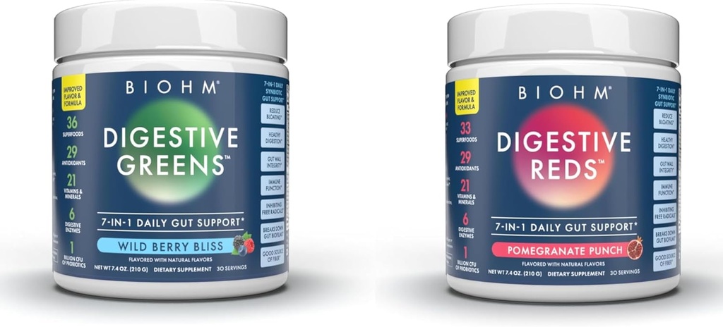 BIOHM Esencial Bundle, Rojos Digestivos y Verdes, Polvo Superalimentario, Antioxidantes, Vitaminas, Probióticos, Salud Digestiva para Hombres y Mujeres, Suplemento de Digestión con Enzimas, 30 Servimientos Cada