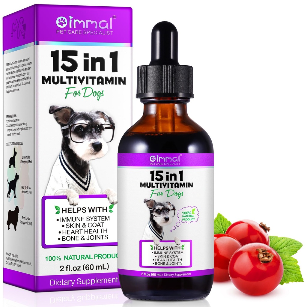 15 en 1 Perro Multivitamina, All-in-One Multilíquido Multivitamina para perros, vitaminas de perros y suplemento con Digestivo, inmunidad, alergia Skin &amp; soporte de la carne, Hip " Conjunto, Todas las edades, razas 2 oz