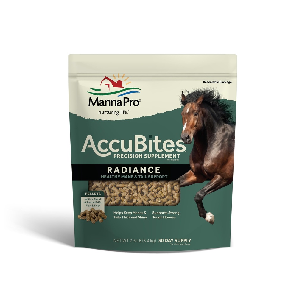 Manna Pro AccuBites Radiance Equine Supplement – Skin & Coat, Essential Vitamins & Hoof Health for Horses – Embalado con Omega 3, 6, " Biotin – Main " Tail Maintenance – Alfalfa Flavored – 7,5 lbs