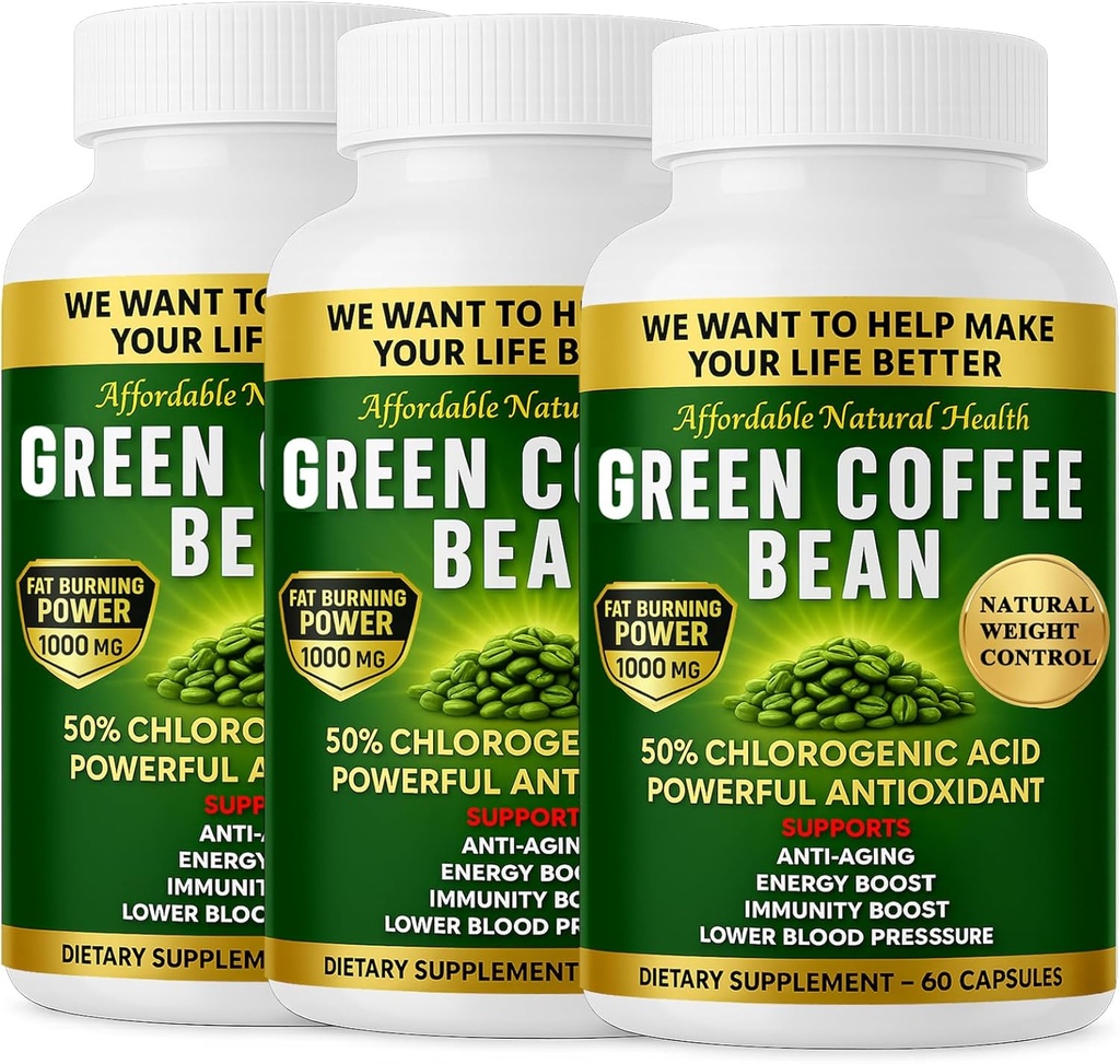 Extracto de grano de café verde, 100% de grano verde puro, 50% ácido clorogénico, 10.000 mg de fuerza, 180 cápsulas, 6 meses de suministro, no transgénico y suplemento herbal tradicional