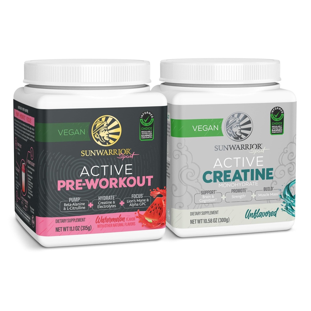 Sunwarrior Pre-Workout Powder Plant-Based & Vegan tención 30 Servings, Watermelon &amp; Creatine Monohydrate Powder ← Desarrollado, 60 Servings
