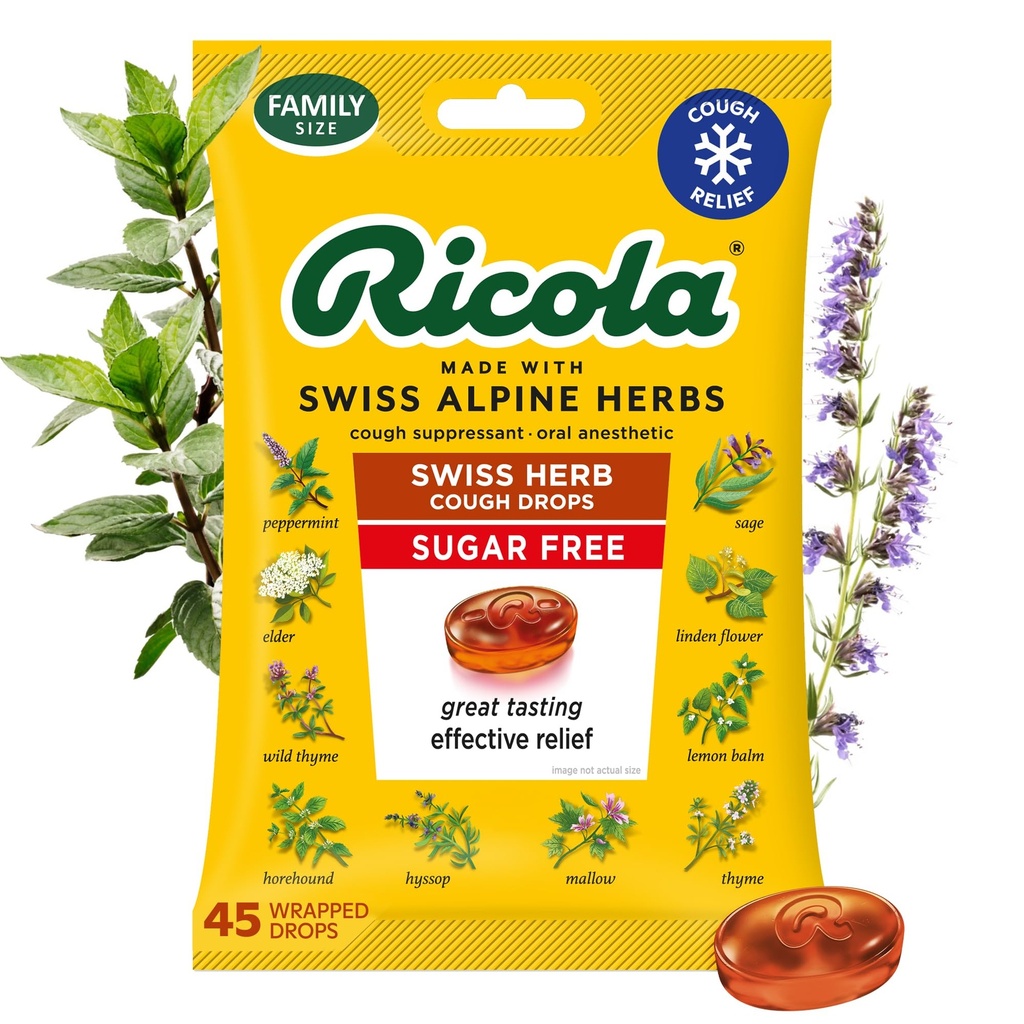 Ricola Sugar Free Swiss Herb Cough Drops, 45 Conde, Cough Suppressant & Throat Relieving Drops with Naturally Sourced Menthol, Pleasing Taste for Coughs & Throat Irritation Symptom Relief