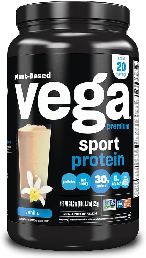 Vega Premium Sport Protein Vanilla Protein Powder, Vegan, Non GMO, Gluten Free Plant Based Protein Powder Drink Mix, NSF Certified for Sport, 29.2 oz