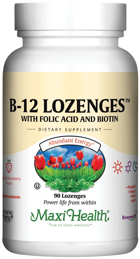 Vitamin B12 Lozenges with Folic Acid and Biotin - Sublingual B 12 Vitamins Strawberry Flavor - Vegetarian Kosher B 12 Vitamin - VIT B12 Supplement for Red Blood Cell Production and Energy (90 Count)