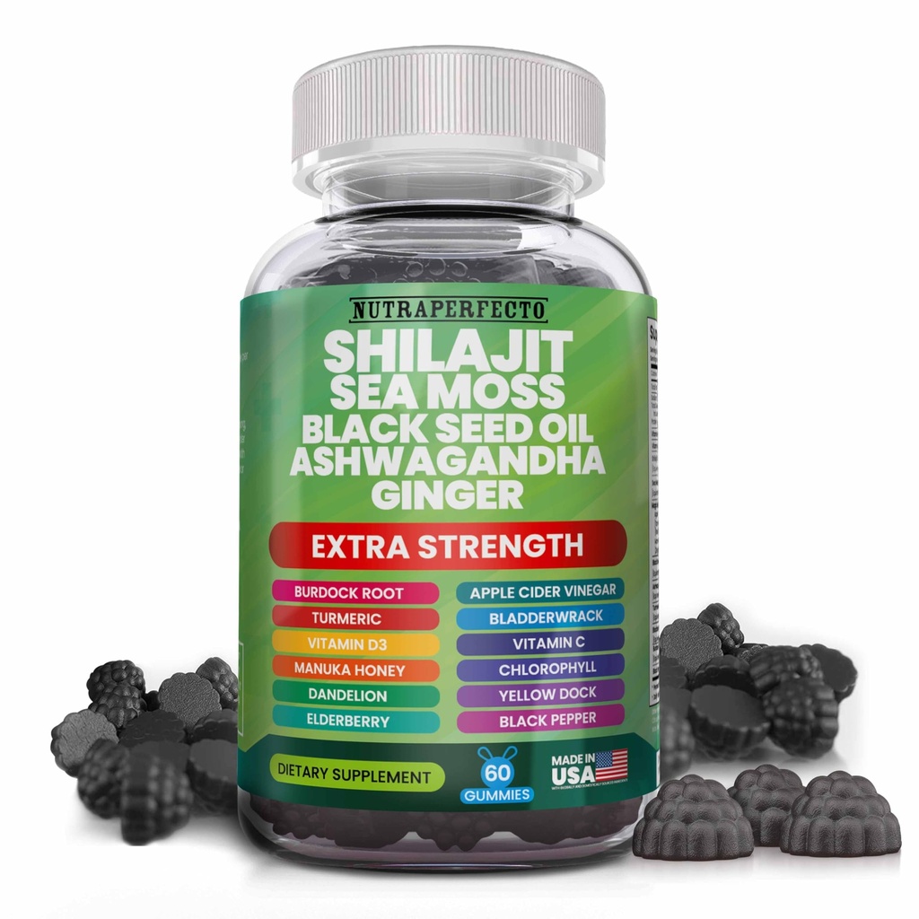 Shilajit Gummies with Irish Sea Moss Black Seed Oil Ashwagandha Ginger Elderberry Vitamin D3 Chlorophyll Turmeric Bladderwrack Advanced Strength Formula Resin Shilajit for Men &amp; Women