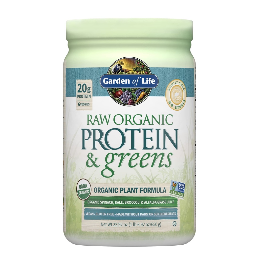 Garden of Life Raw Organic Protein & Greens Lightly Sweet, Vegan Protein Powder for Women and Men, Plant and Pea Protein, Greens, Probiotics, Gluten Free Low Carb Shake Made Without Dairy 20 Servings