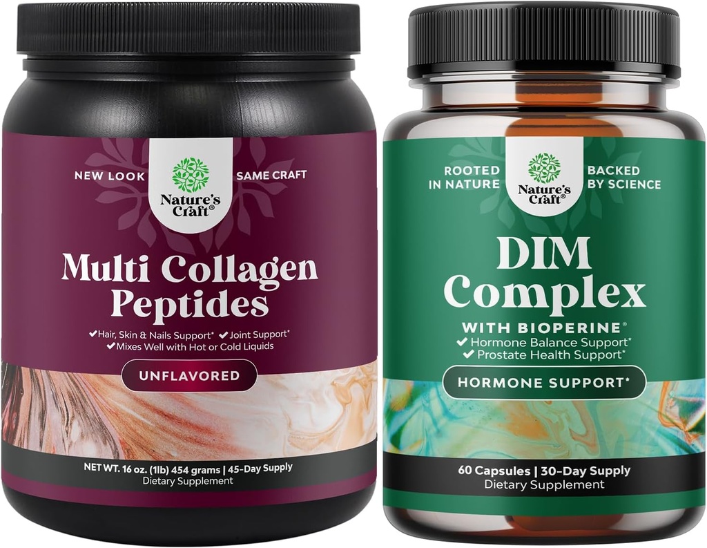 Natures Craft Bundle of Multi Collagen Protein Powder for Women and Men - Hair Skin and Nails Vitamins and DIM Complex Men and Womens Hormone Balance Suplemento