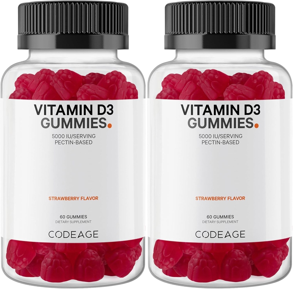 Codeage Vitamin D3 Gummy Vitamins, Vitamin D3 5000 IU Gummies Cholecalciferol 125 mcg, Soft Pectin-Based, Animal Gelatin-Free Gummy, Gummies Vitamins, Tasty Strawberry, Non-GMO - 2-Pack