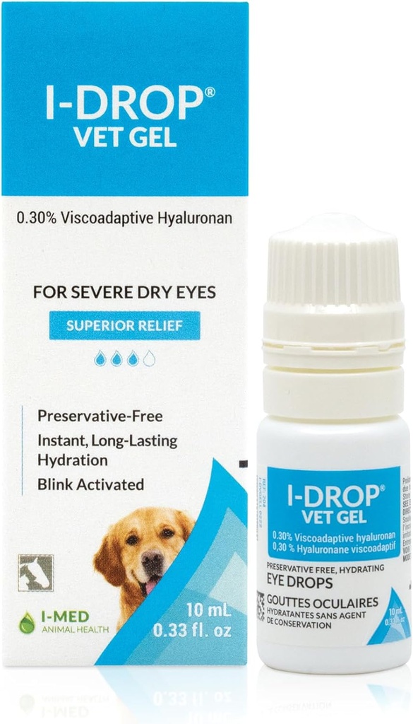 I-DROP Vet Gel: Pet Eye Drops for Dogs | Lubricate Acute/Seasonal Dry Eyes | Superior Comfort | Long-Lasting Relief | Fewer Application Needed, 0.30% Hyaluronan | Multi dose Bottle | One Bottle 10 ml
