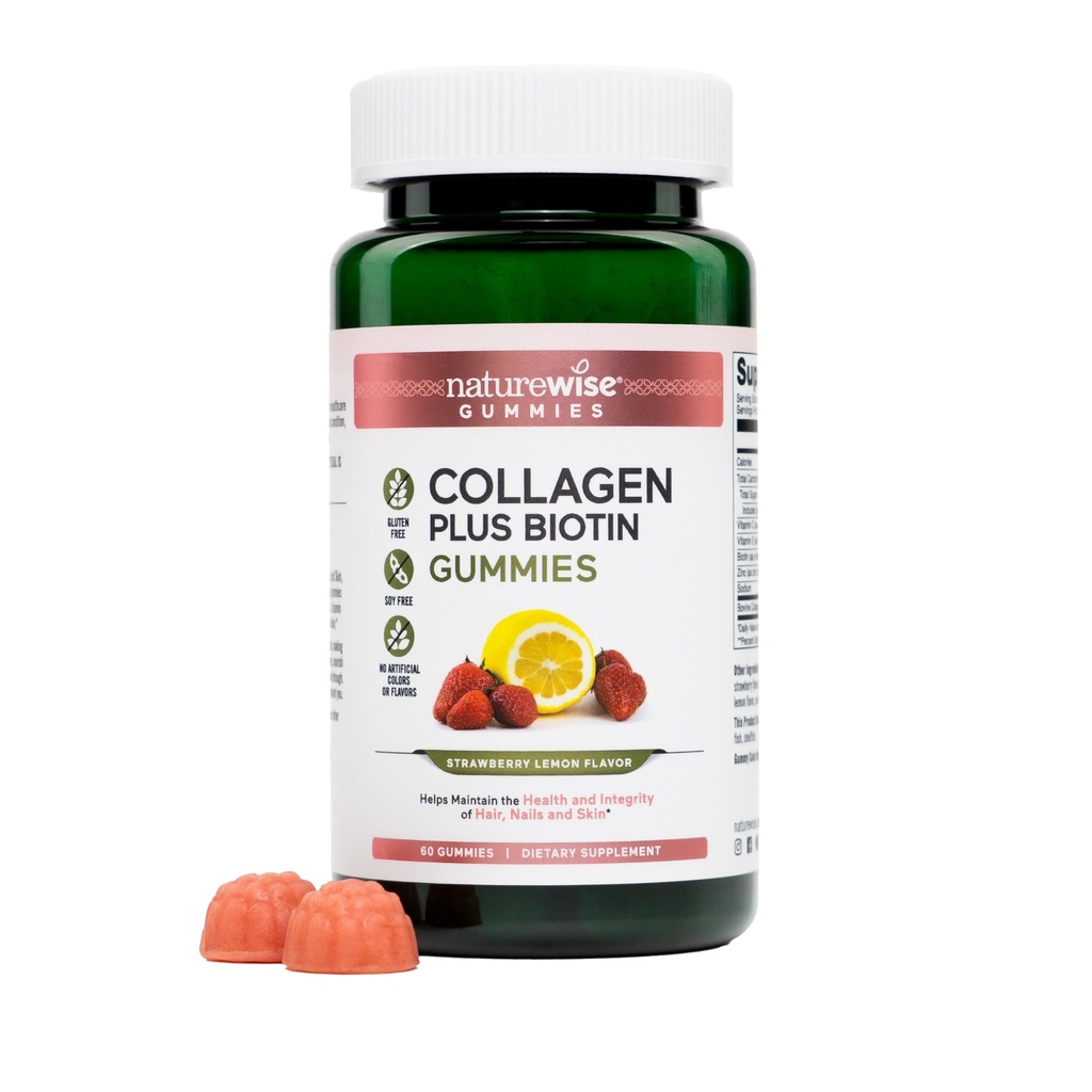NatureWise Collagen Gummies - Hydrolyzed Collagen Gummies - Type 1 & 3 Peptides for Women + Biotin, Vitamin C, E, & Zinc for Hair Skin and Nails Support - 60 Count[1-Month Supply]