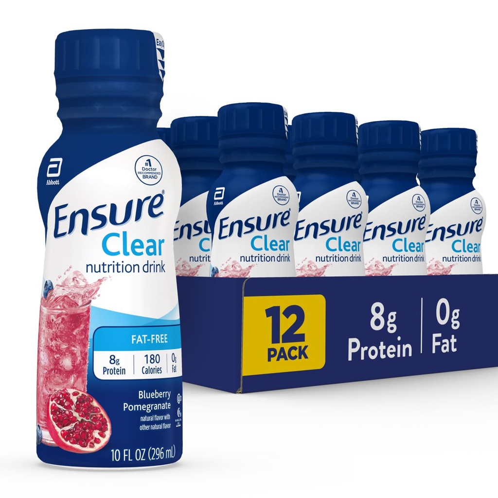 Asegurar la bebida líquida de nutrición clara, grasa 0g, 8g de proteína, granada de arándano, 10 Fl Oz (Pack of 12), botella, sin gluten