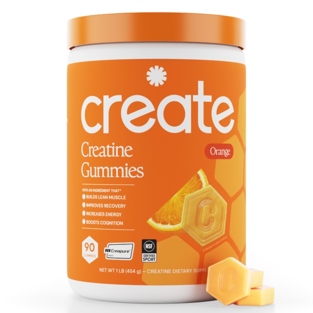 Create Creatine Monohydrate Gummies for Men &amp; Women, Boost Focus, Strength, and Endurance, Anti-Melting Formula, Vegan, Gluten-Free, Non-GMO, 1.5g of Creatine per Gummy (Orange, 90 ct)