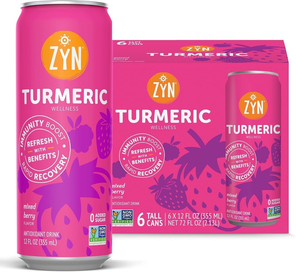 ZYN Turmeric Wellness Bebida 6 (Pack), Bebida de Curva de Turmeric Sabor mixta con Pepper Negro, No Añadido Azúcar, Bajo Carbo &amp; Baja Calorie Bebida, Clean Alternative
