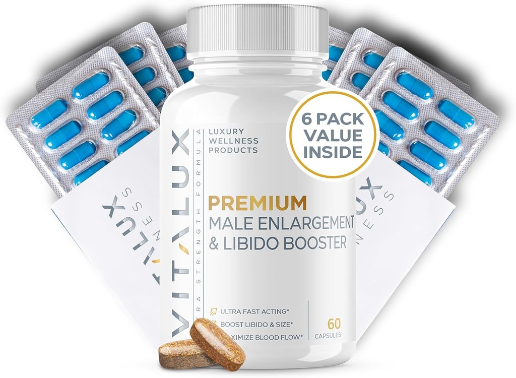 VITALUX Silencioso #1 Dosed Premium Erection Support &amp; Libido Booster ← Acción rápida Sangre Flujo, Talla &amp; Firmness for Men's Enhancement ← L-Arginine + 18 Ingredientes  3rd Party Tested + USA Made - 60 Pills