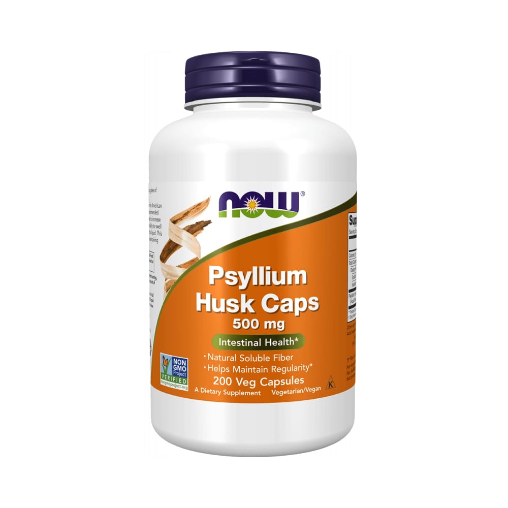 AHORA Suplementos Alimentarios, Psyllium Husk Caps 500 mg, Proyecto No GMO Verificado, Fibra Soluble Natural, Salud Intestinal*, 200 cápsulas Veg