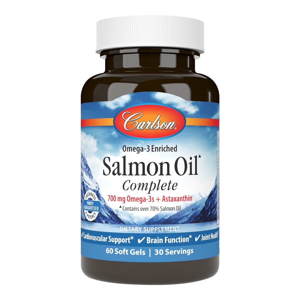 Carlson - Aceite de Salmón Completo, 700 mg Omega-3 + Astaxanthin, Soporte cardiovascular, Función cerebral " Salud Conjunta, 60 Softgels