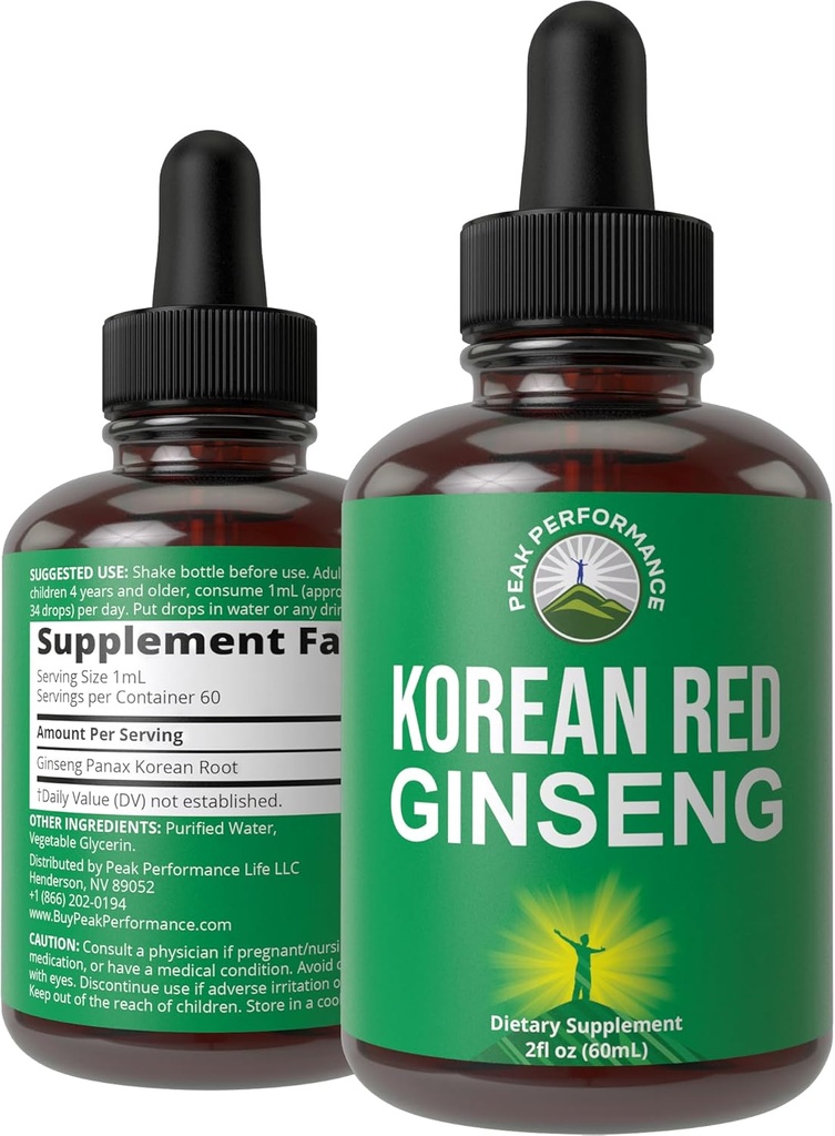 Coreano gotas líquidas Ginseng rojo con sabor agradable. de Panax Coreano Extracto de raíz para la energía, resistencia, foco. Vegan Nootropic, Zero Sugar Oil Tintura Suplemento Herbal para Hombres y Mujeres