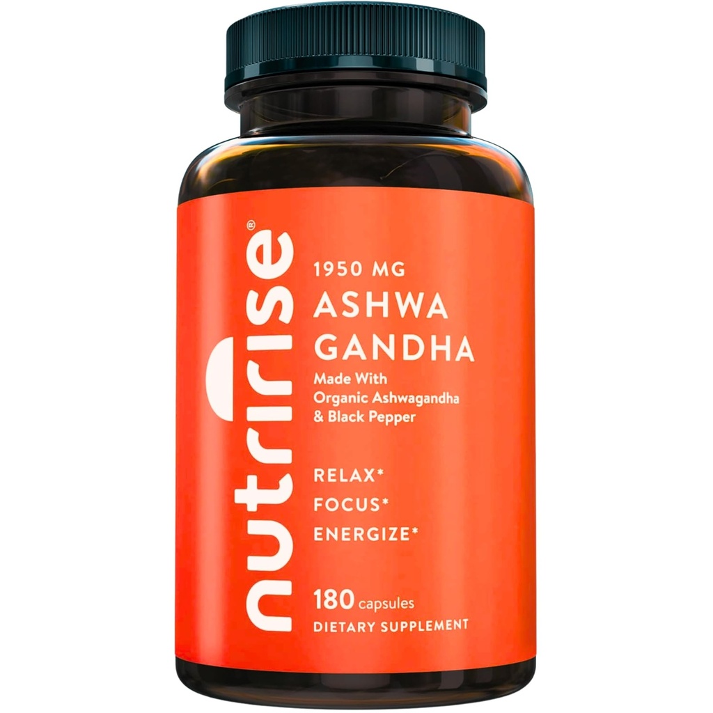 NutriRise Organic Ashwagandha Root Capsules with Black Pepper 1950mg, Natural Stress & Mood, Thyroid & Immune Support Supplement, Sleep Aid, Clarity, Focus & Energy, Gluten Free, 180 Count