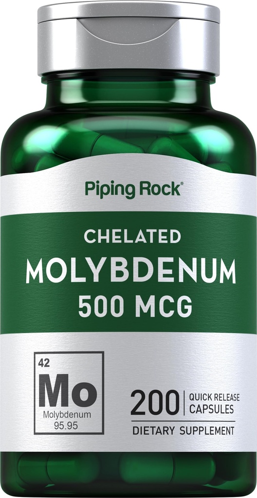 Piping Rock Molybdenum Supplement | 500 mcg | 200 Capsules | Chelated Molybdenum Amino Acid | Non-GMO, Gluten Free