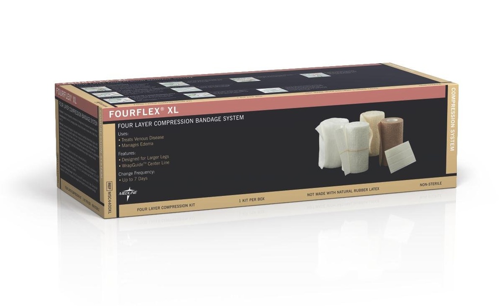 Sistema de compresión de 4 capas Medline Fourflex XL, Tamaño XL, Eficaz para la insuficiencia venosa crónica, Caso de 8 kits