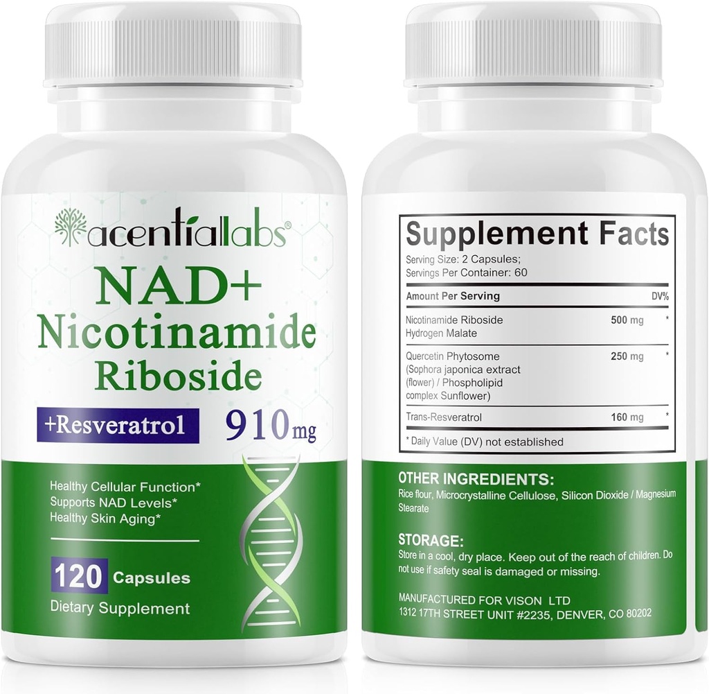 120 Count NAD Plus Supplement, Liposomal Nicotinamide Riboside Capsules 900MG with Resveratrol & Quercetin, High Purity Nicotinamide for Anti-Aging, Cell Gegeneration/Energy/Immune Booster