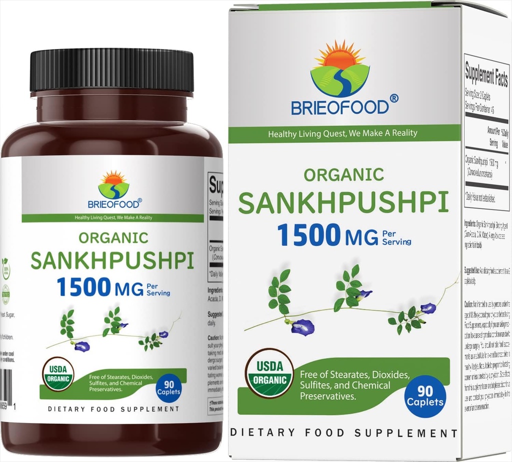 Brieofood Orgánica Sankhpushpi 1500mg, 45 Servimientos, Vegetariano, Gluten Gratis, 90 Tabletas Vegetarianas