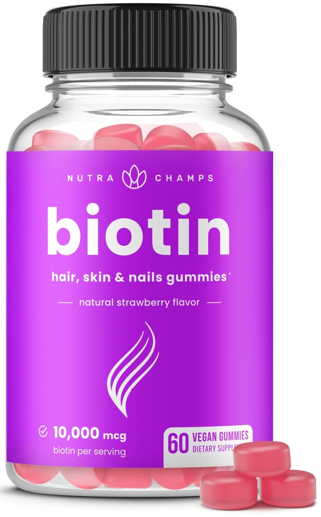 NutraChamps Biotin Gummies 10000mcg [High Potency] for Healthy Hair, Skin & Nails Vitamins for Women, Men &amp; Kids - 5000mcg in each Hair Vitamins Gummy - Vegan, Non-GMO, Hair Health Supplement