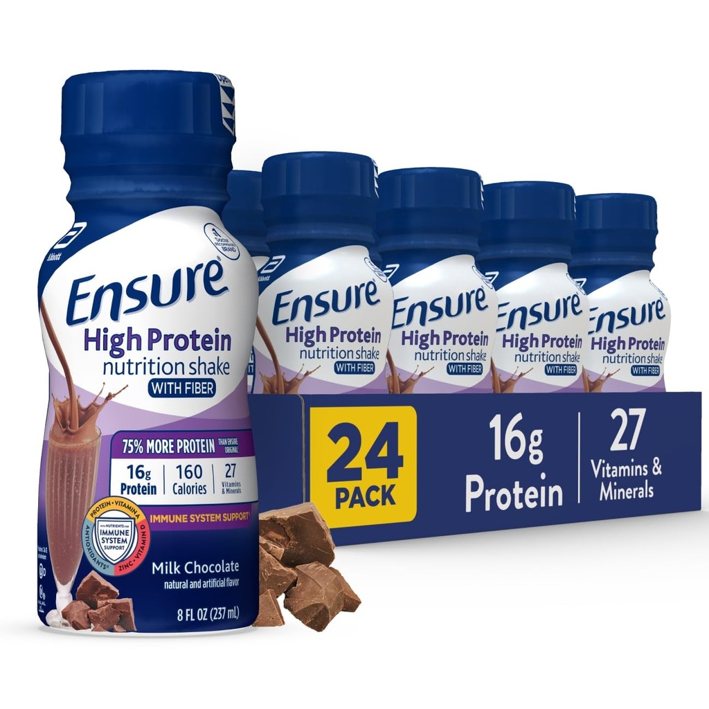 Asegurar Alta Proteína Botellada Leche Chocolate Afeitado con fibra, Listo para beber, 16g Proteína y 27 Vitaminas y Minerales, 8 fl oz, 24 Pack