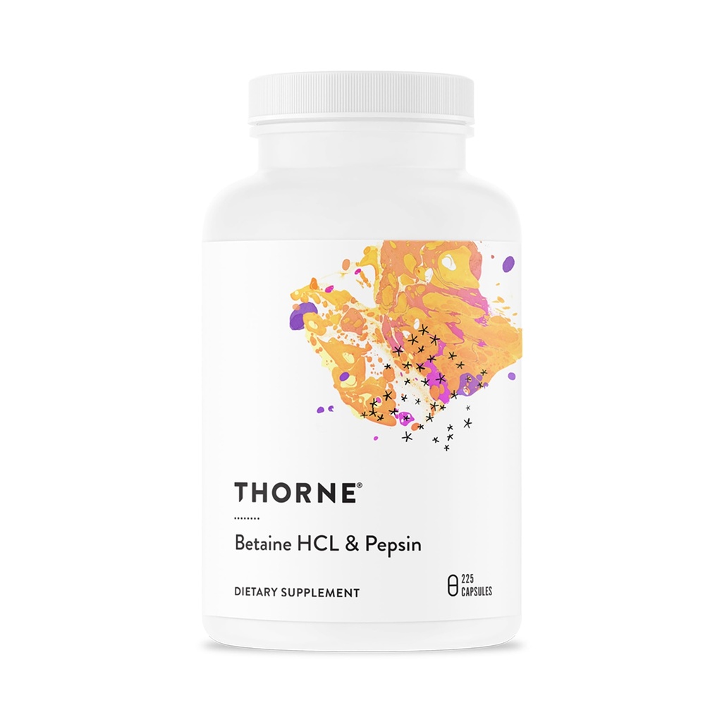 THORNE - Betaine HCL & Pepsin - Digestive Enzyme & Hydrochloric Acid Supplement for Protein Digestion & Occasional Gas or Bloating Relief* - Third-Party Certified - Gluten & Dairy-Free - 225 Capsules