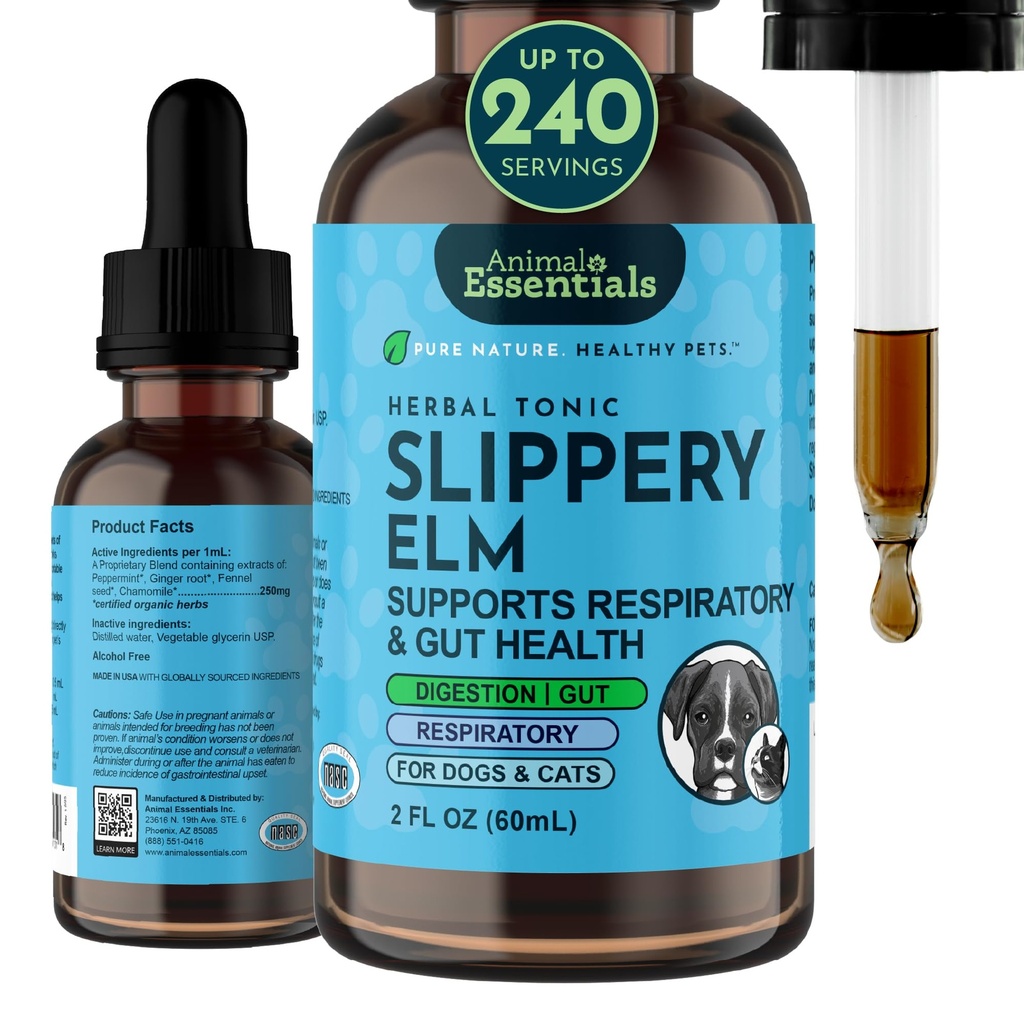 Animal Essentials Slippery Elm - Slippery Elm Bark Anti Diarrhea Drops for Dogs and Cats, Organic Herbal Extract for Healthy Gut, Digestive & Throat Support, Helps Acid Reflux, Liquid Formula- 2 fl oz