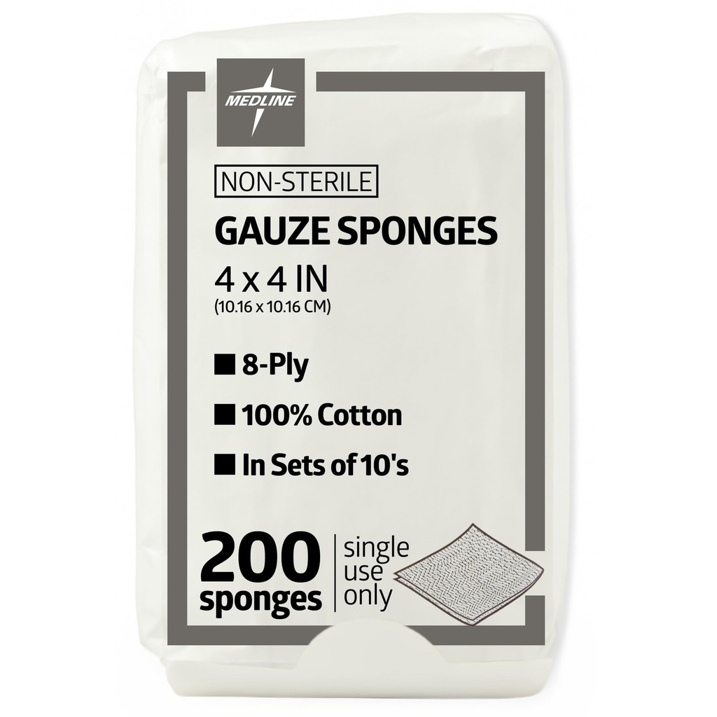 Medline 4 x 4 inch Gauze Sponges, 100% Cotton, 8-Ply Woven Non-Sterile Gauze (Pack of 200)
