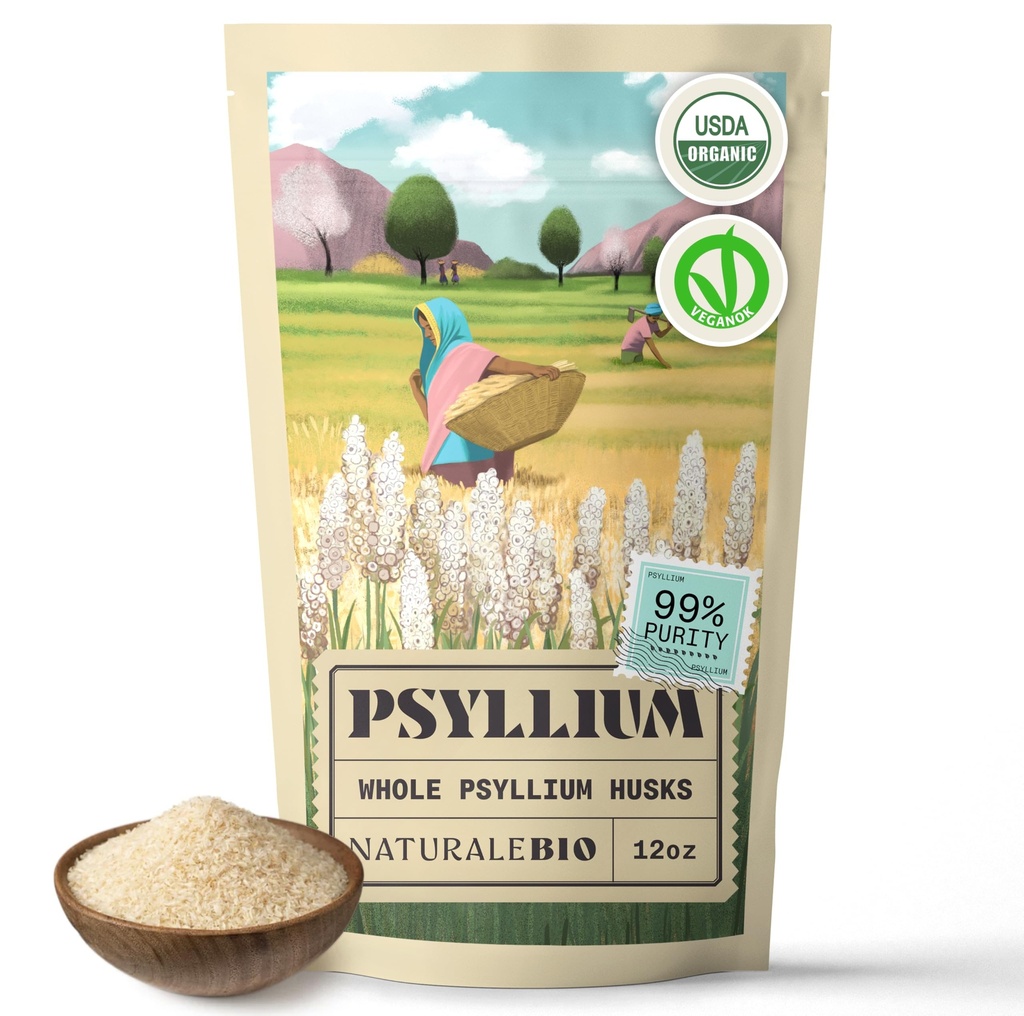 NaturaleBio Organic Whole Psyllium Husk 12oz (340g). 99% Pure Psyllium Seed Husks. USDA Organic Certified. Isabgol Natural Fiber for Keto, Paleo, Vegan & Gluten-Free Diets.