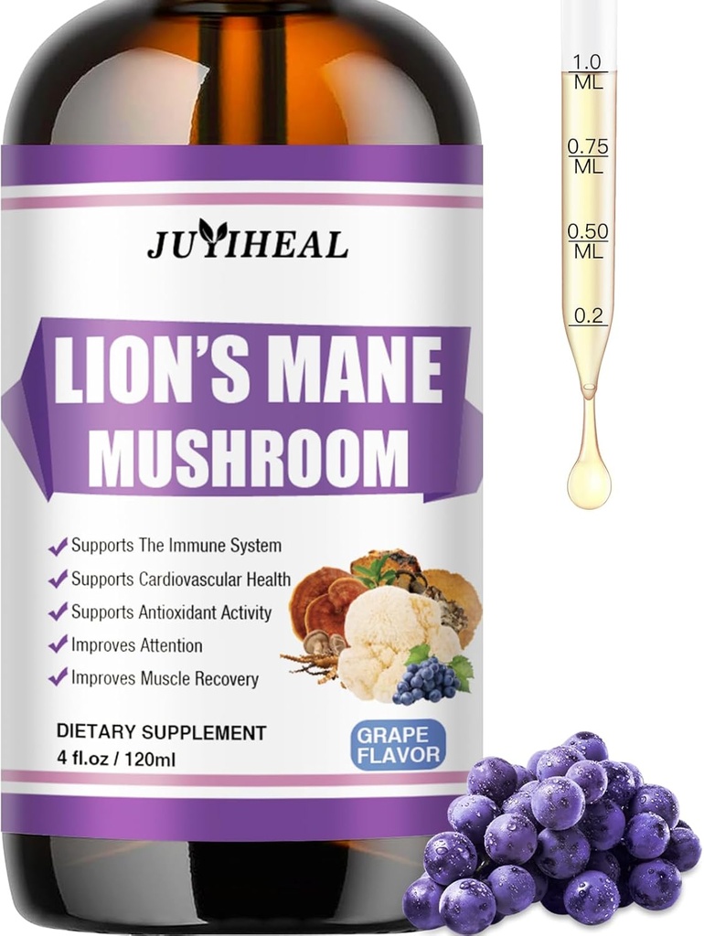 Lions Mane Liquid - Apoyo al cerebro, energía, memoria " Focus - Suplemento de mane de leones sin alcohol - 4 Fl OZ, 4 Month Supply, Grape Flavor